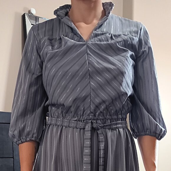 Vintage Grey Gray Silver Secretary Dress Homemade Home Sewn Midi 1970s 70s 1980s - Picture 1 of 4